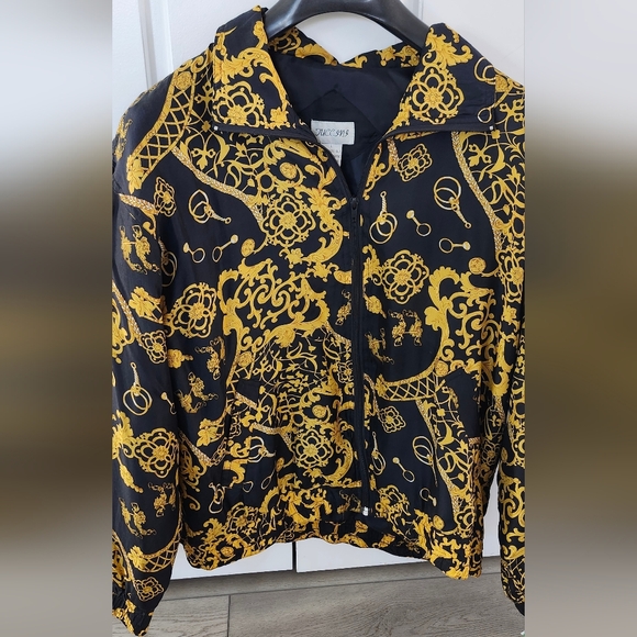 Tuccini 100% Silk Lightweight Jacket In Flashy Versace Style Size L Yellow Black